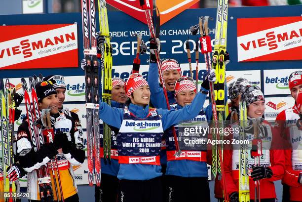 Yusuke Minato, Taihei Kato, Akito Watabe and Norihito Kobayashi of Japan take 1st place during the FIS Nordic Combined World Cup Championships...