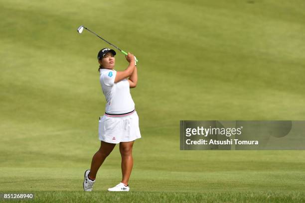 Ai Suzuki of Japan hits her second shot on the 3rd hole during the first round of the Miyagi TV Cup Dunlop Ladies Open 2017 at the Rifu Golf Club on...