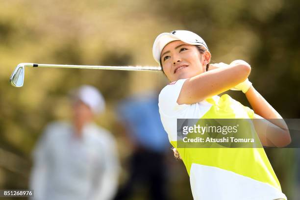 Ayaka Watanabe of Japan hits her tee shot on the 4th hole during the first round of the Miyagi TV Cup Dunlop Ladies Open 2017 at the Rifu Golf Club...
