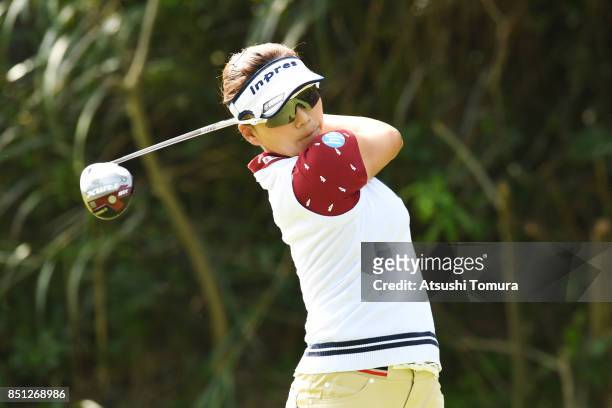 Chie Arimura of Japan hits her tee shot on the 2nd hole during the first round of the Miyagi TV Cup Dunlop Ladies Open 2017 at the Rifu Golf Club on...