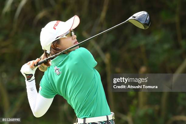 Kaori Oe of Japan hits her tee shot on the 2nd hole during the first round of the Miyagi TV Cup Dunlop Ladies Open 2017 at the Rifu Golf Club on...