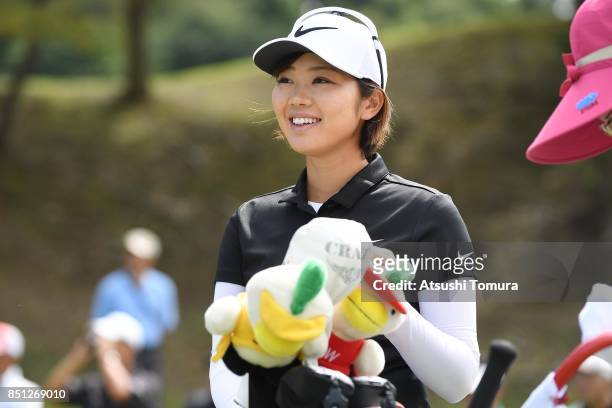 Rumi Yoshiba of Japan smiles during the first round of the Miyagi TV Cup Dunlop Ladies Open 2017 at the Rifu Golf Club on September 22, 2017 in Rifu,...