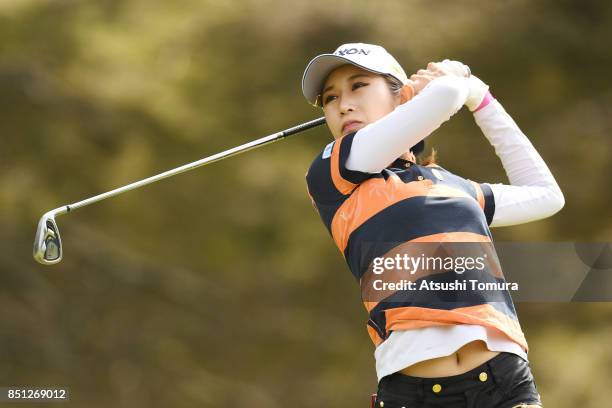 Kumiko Kaneda of Japan hits her tee shot on the 4th hole during the first round of the Miyagi TV Cup Dunlop Ladies Open 2017 at the Rifu Golf Club on...