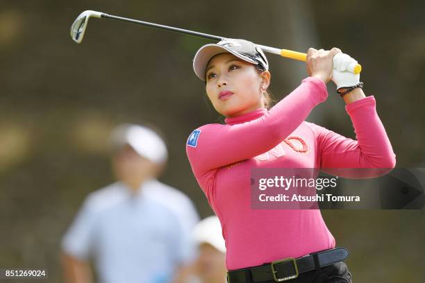 Miyuki Takeuchi of Japan hits her tee shot on the 4th hole during the first round of the Miyagi TV Cup Dunlop Ladies Open 2017 at the Rifu Golf Club...