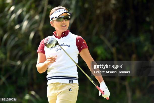 Chie Arimura of Japan smiles during the first round of the Miyagi TV Cup Dunlop Ladies Open 2017 at the Rifu Golf Club on September 22, 2017 in Rifu,...
