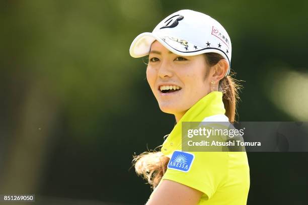 Ayaka Watanabe of Japan smiles during the first round of the Miyagi TV Cup Dunlop Ladies Open 2017 at the Rifu Golf Club on September 22, 2017 in...