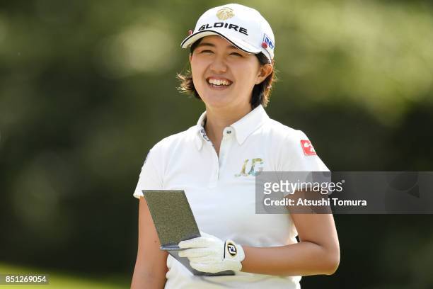 Karen Gondo of Japan smiles during the first round of the Miyagi TV Cup Dunlop Ladies Open 2017 at the Rifu Golf Club on September 22, 2017 in Rifu,...