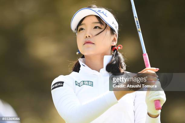 Yuting Seki of China hits her tee shot on the 4th hole during the first round of the Miyagi TV Cup Dunlop Ladies Open 2017 at the Rifu Golf Club on...