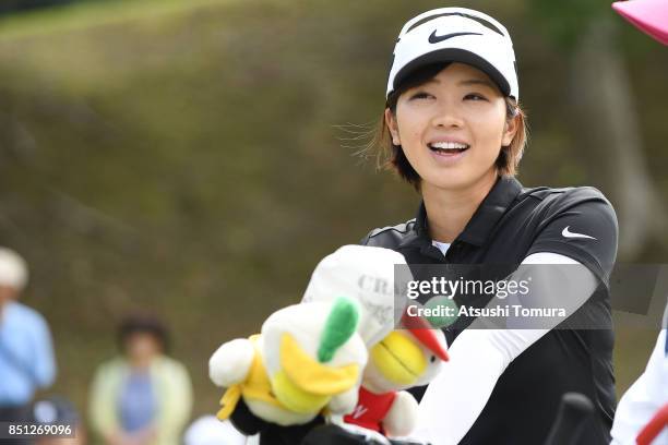 Rumi Yoshiba of Japan smiles during the first round of the Miyagi TV Cup Dunlop Ladies Open 2017 at the Rifu Golf Club on September 22, 2017 in Rifu,...