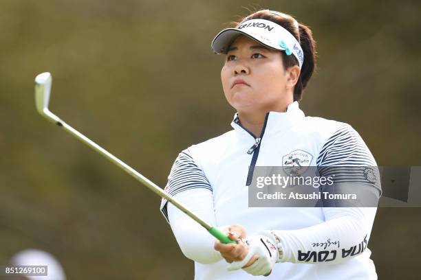 Miki Sakai of Japan hits her tee shot on the 4th hole during the first round of the Miyagi TV Cup Dunlop Ladies Open 2017 at the Rifu Golf Club on...