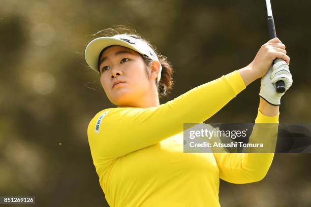 Fumika Kawagishi of Japan hits her tee shot on the 4th hole during the first round of the Miyagi TV Cup Dunlop Ladies Open 2017 at the Rifu Golf Club...