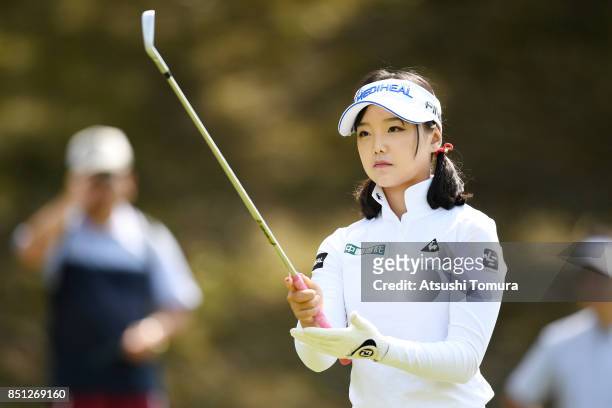 Yuting Seki of China lines up her tee shot on the 4th hole during the first round of the Miyagi TV Cup Dunlop Ladies Open 2017 at the Rifu Golf Club...