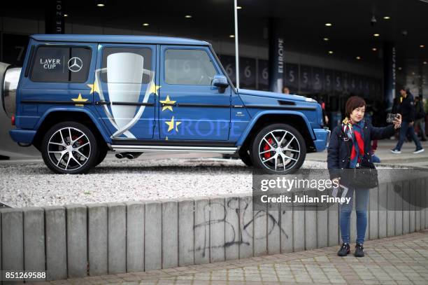 Fans pose ahead of the Laver Cup on September 22, 2017 in Prague, Czech Republic. The Laver Cup consists of six European players competing against...