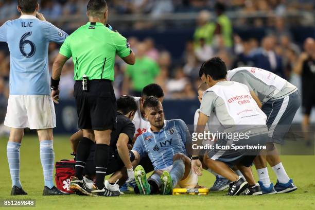 Kansas City's Diego Rubio is stretchered off of the field with an injuryas Sporting Kansas City hosted the New York Red Bulls on September 20 at...
