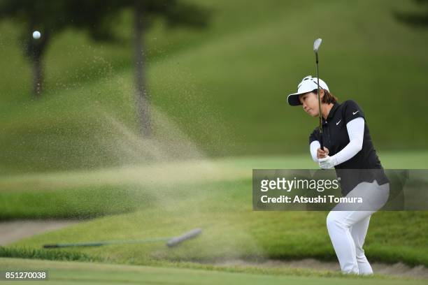 Rumi Yoshiba of Japan hits from a bunker on the 18th hole during the first round of the Miyagi TV Cup Dunlop Ladies Open 2017 at the Rifu Golf Club...