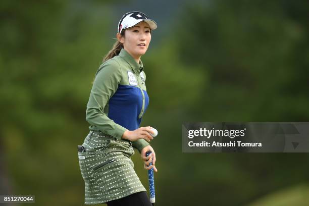 Akane Iijima of Japan reacts during the first round of the Miyagi TV Cup Dunlop Ladies Open 2017 at the Rifu Golf Club on September 22, 2017 in Rifu,...