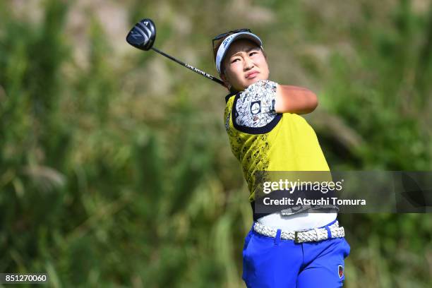 Sakura Kito of Japan hits her tee shot on the 5th hole during the first round of the Miyagi TV Cup Dunlop Ladies Open 2017 at the Rifu Golf Club on...