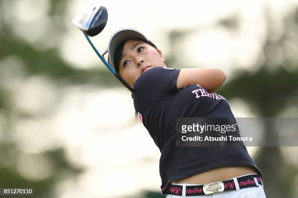 Serena Aoki of Japan hits her tee shot on the 16th hole during the first round of the Miyagi TV Cup Dunlop Ladies Open 2017 at the Rifu Golf Club on...