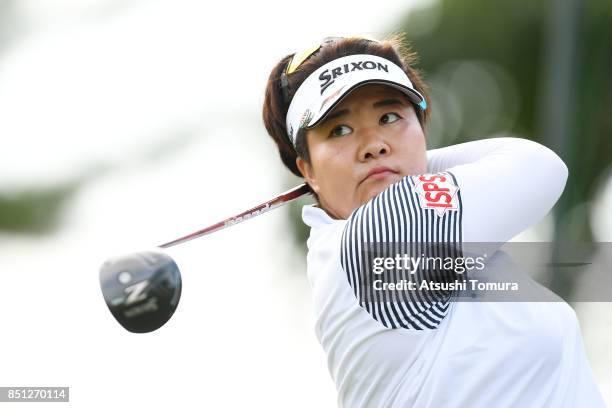 Miki Sakai of Japan hits her tee shot on the 16th hole during the first round of the Miyagi TV Cup Dunlop Ladies Open 2017 at the Rifu Golf Club on...