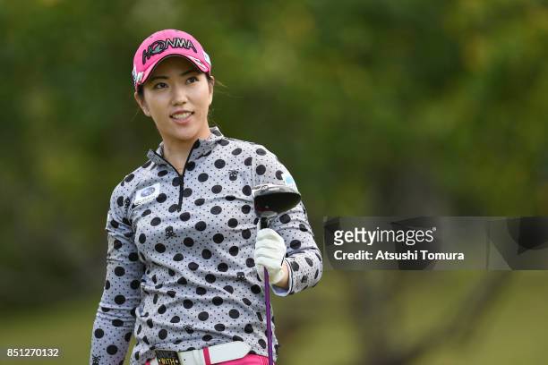 Ritsuko Ryu of Japan smiles during the first round of the Miyagi TV Cup Dunlop Ladies Open 2017 at the Rifu Golf Club on September 22, 2017 in Rifu,...