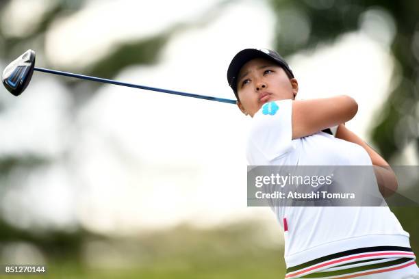 Ai Suzuki of Japan hits her tee shot on the 16th hole during the first round of the Miyagi TV Cup Dunlop Ladies Open 2017 at the Rifu Golf Club on...