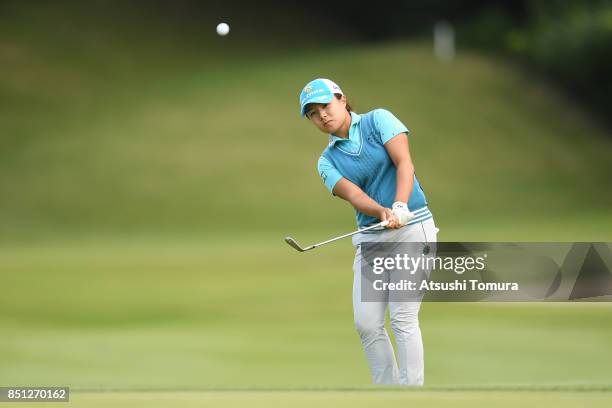 Saki Nagamine of Japan chips onto the 17th green during the first round of the Miyagi TV Cup Dunlop Ladies Open 2017 at the Rifu Golf Club on...