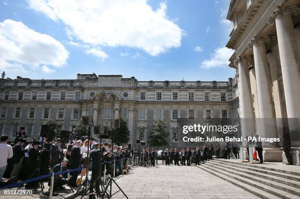 The Prime Minister of Japan Shinzo Abe with Taoiseach Enda Kenny giving a press conference at Government Buildings in Dublin.