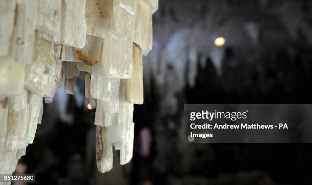 General view of stalactite decorations inside an 18th century restored grotto at Painshill Park landscape garden in Cobham, Surrey.