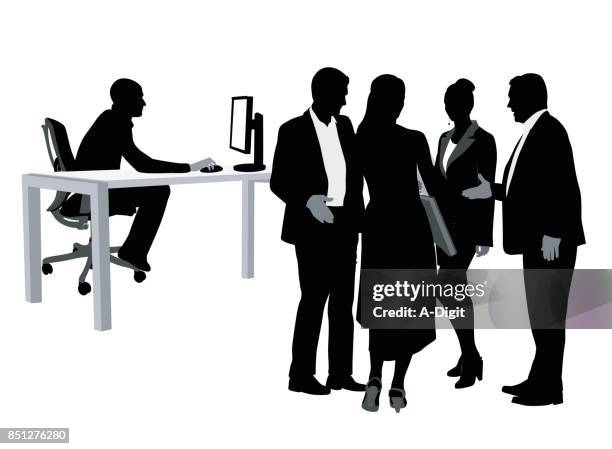 office guests handshake - woman explaining stock illustrations