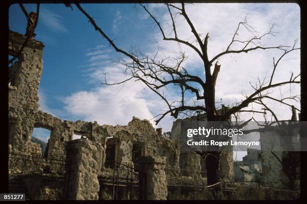 The remains of buildings stand along the frontline December 1, 1994 in Mostar, Bosnia-Herzegovina. When Bosnia declared its independence in March of...