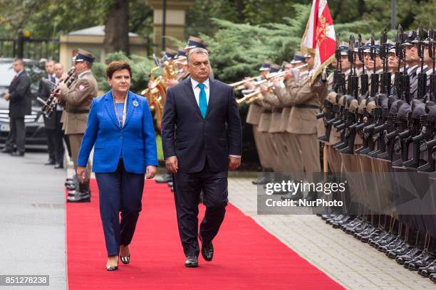 Prime Minister of Hungary Viktor Orban and Prime Minister of Poland Beata Szydlo during their meeting at Chancellery of the Prime Minister in Warsaw,...