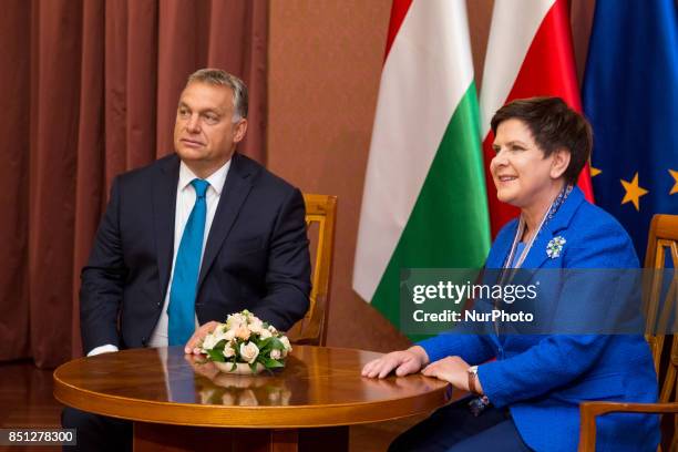 Prime Minister of Hungary Viktor Orban and Prime Minister of Poland Beata Szydlo during their meeting at Chancellery of the Prime Minister in Warsaw,...