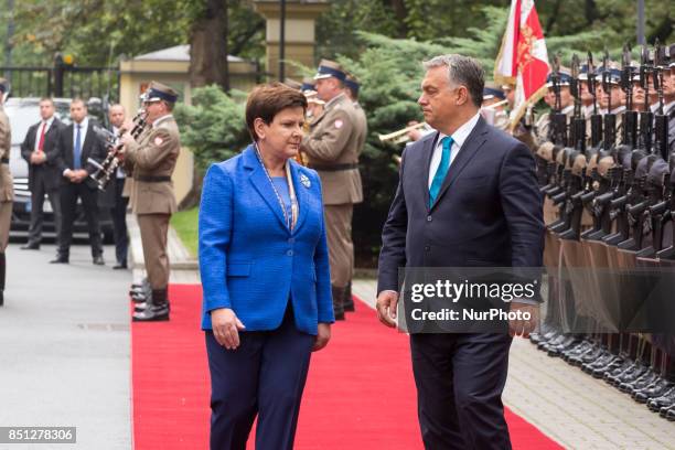 Prime Minister of Hungary Viktor Orban and Prime Minister of Poland Beata Szydlo during their meeting at Chancellery of the Prime Minister in Warsaw,...