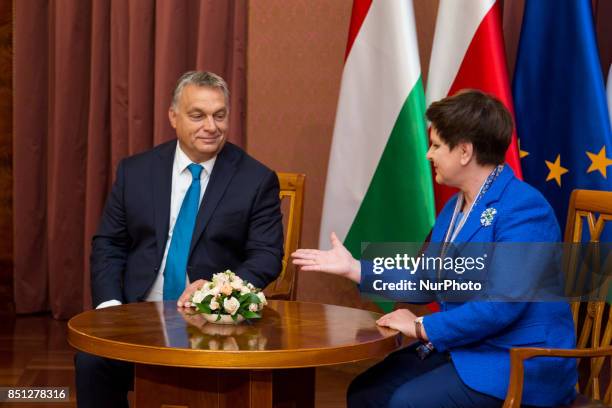 Prime Minister of Hungary Viktor Orban and Prime Minister of Poland Beata Szydlo during their meeting at Chancellery of the Prime Minister in Warsaw,...