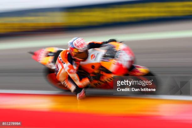 Dani Pedrosa of Spain and the Repsol Honda Team rides during practice for the MotoGP of Aragon at Motorland Aragon Circuit on September 22, 2017 in...