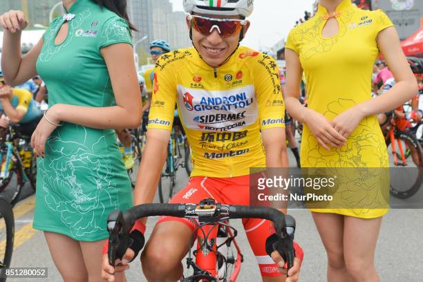 The Yellow Jersey, Kevin Rivera Serrano from Androni Sidermec Bottecchia team, ahead of the start to the fourth stage of the 2017 Tour of China 2,...