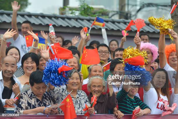 Members of the public during the teams presentation ahead of the start to the fourth stage of the 2017 Tour of China 2, the 115.3km Huangshi Daye...