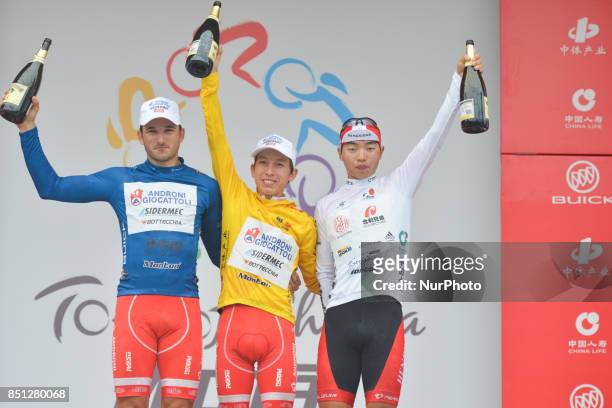 Marco Benfatto , Kevin Rivera Serrano and Mingrun Chen , after the fourth stage of the 2017 Tour of China 2, the 115.3km Huangshi Daye Circuit Race....