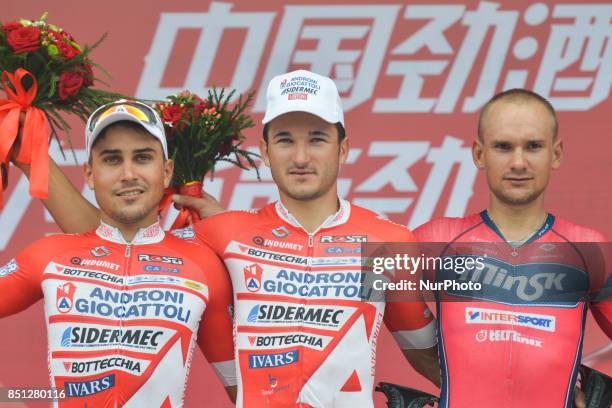 Matteo Malucelli, Marco Benfatto and Siarhei Papok - the podium of the fourth stage of the 2017 Tour of China 2, the 115.3km Huangshi Daye Circuit...