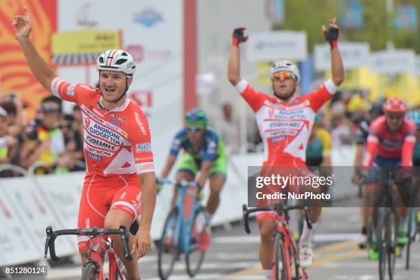 Marco Benfatto celebrates his win in the fourth stage ahead of his team-mate Matteo Malucelli - 2017 Tour of China 2, the 115.3km Huangshi Daye...