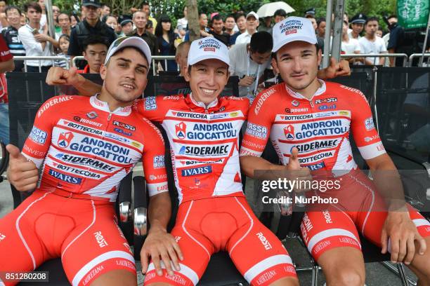 Matteo Malucelli, Kevin Rivera Serrano and Marco Benfatto , awaiting for the Awards Ceremony of the fourth stage of the 2017 Tour of China 2, the...