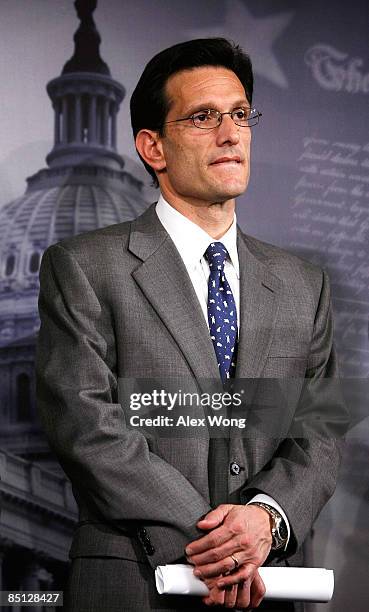 House Minority Whip Rep. Eric Cantor listens during a news conference on Capitol Hill February 26, 2009 in Washington, DC. Members of the newly...