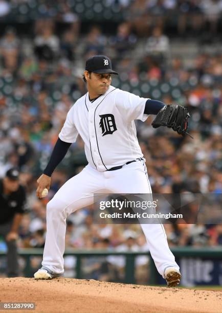 Anibal Sanchez of the Detroit Tigers pitches during the game against the Minnesota Twins at Comerica Park on August 11, 2017 in Detroit, Michigan....