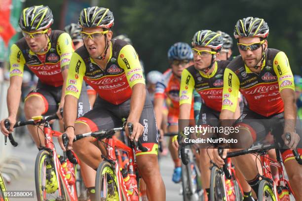 Members of Wilier Triestina - Selle Italia team during the fourth stage of the 2017 Tour of China 2, the 115.3km Huangshi Daye Circuit Race. On...