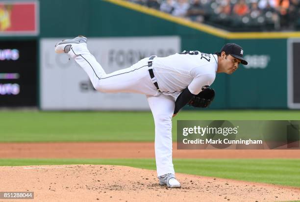 Anibal Sanchez of the Detroit Tigers pitches during the game against the Minnesota Twins at Comerica Park on August 11, 2017 in Detroit, Michigan....