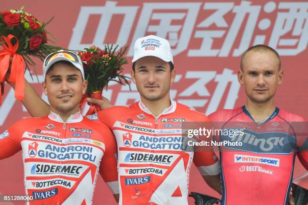 Matteo Malucelli, Marco Benfatto and Siarhei Papok - the podium of the fourth stage of the 2017 Tour of China 2, the 115.3km Huangshi Daye Circuit...