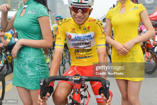 The Yellow Jersey, Kevin Rivera Serrano from Androni Sidermec Bottecchia team, ahead of the start to the fourth stage of the 2017 Tour of China 2,...