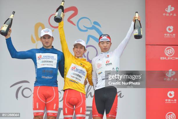 Marco Benfatto , Kevin Rivera Serrano and Mingrun Chen , after the fourth stage of the 2017 Tour of China 2, the 115.3km Huangshi Daye Circuit Race....