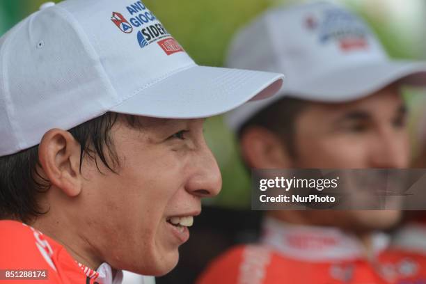 Kevin Rivera Serrano and Marco Benfatto awaiting for the Awards Ceremony of the fourth stage of the 2017 Tour of China 2, the 115.3km Huangshi Daye...