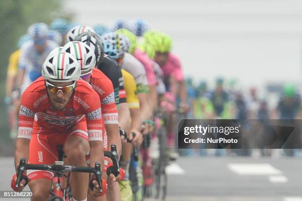 Members of Androni Sidermec Bottecchia team lead the peloton during the fourth stage of the 2017 Tour of China 2, the 115.3km Huangshi Daye Circuit...